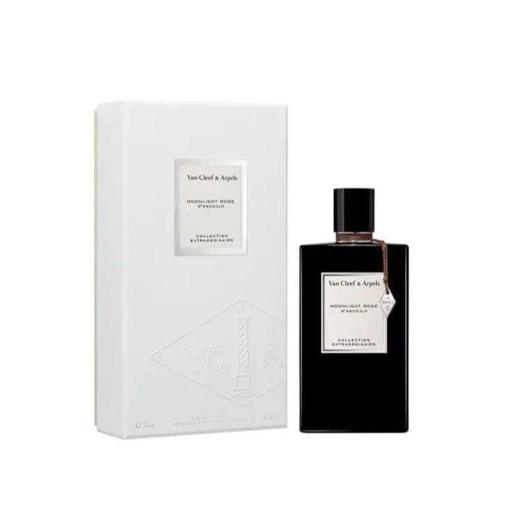 The Moonlight Rose by Van Cleef &amp; Arpels 75ml bottle displayed next to its minimalist, elegant white &