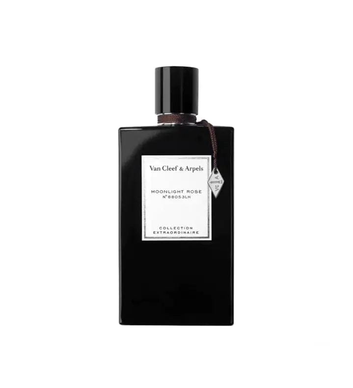A clean product shot of the Van Cleef &amp; Arpels Moonlight Rose 2.5 oz EDP bottle, showing its sleek black design, white label, and signature charm.