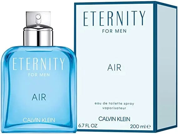 The Calvin Klein Eternity Air for Men 6.7 oz Eau de Toilette bottle, featuring light blue liquid and a silver cap, shown next to its clean white and blue box.