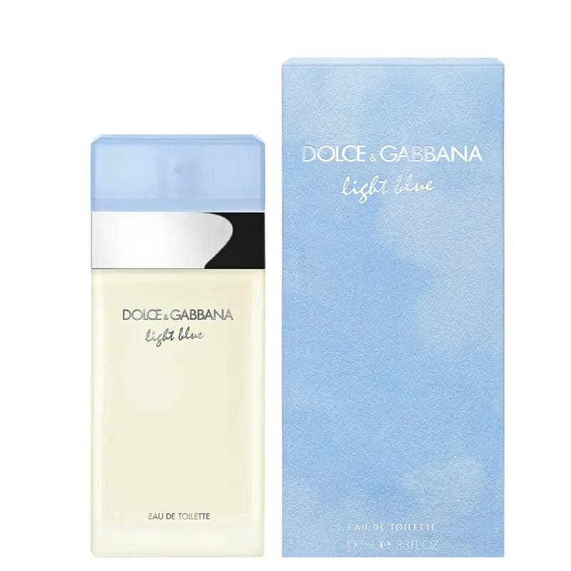 The iconic Dolce & Gabbana Light Blue 3.3 oz EDT bottle with its frosted glass and light blue cap, shown next to its matching light blue velvet-textured box